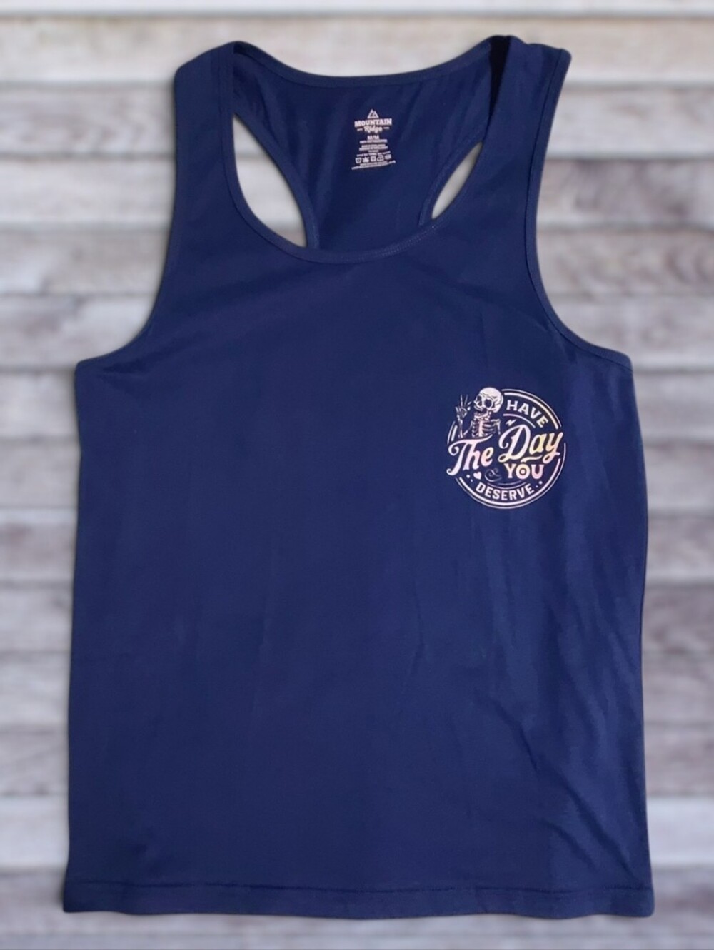 💫Custom Skeleton "Have The Day You Deserve" Graphic Racerback Tank Top Navy M